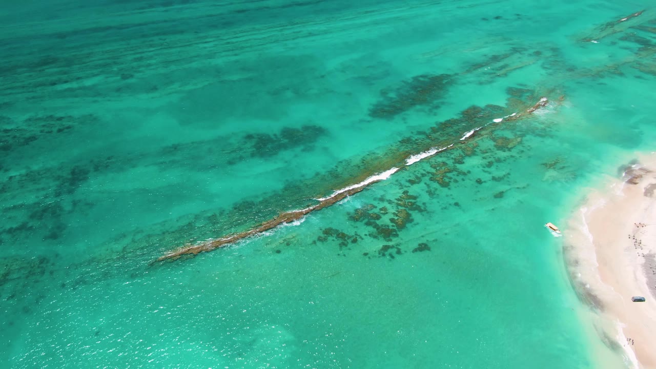 Breaking wave along reef beside sandy shoreline