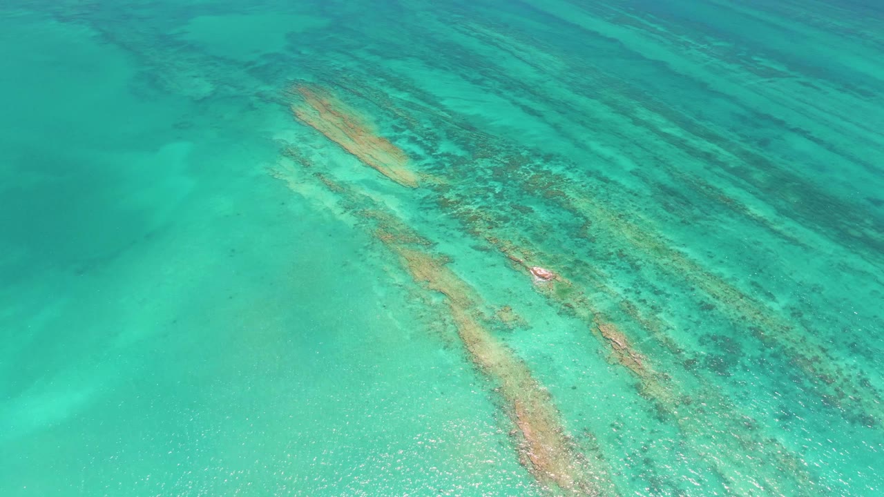 Aerial frame over Cabo Pulmo reef where tan coral ridges and darker underwater patches sit beneath clear turquoise water, with no visible people.