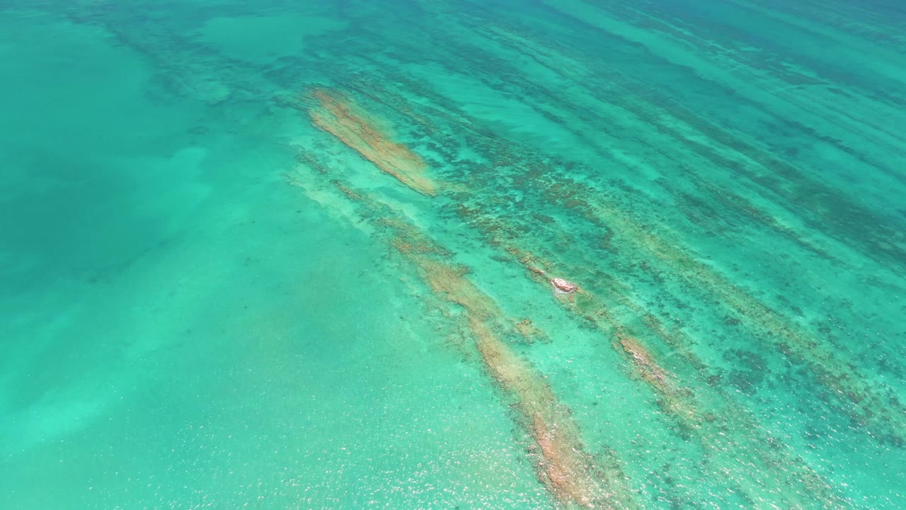 High overhead view of blue-green Cabo Pulmo water crossing long coral formations, with the reef angled across the frame and no visible people.