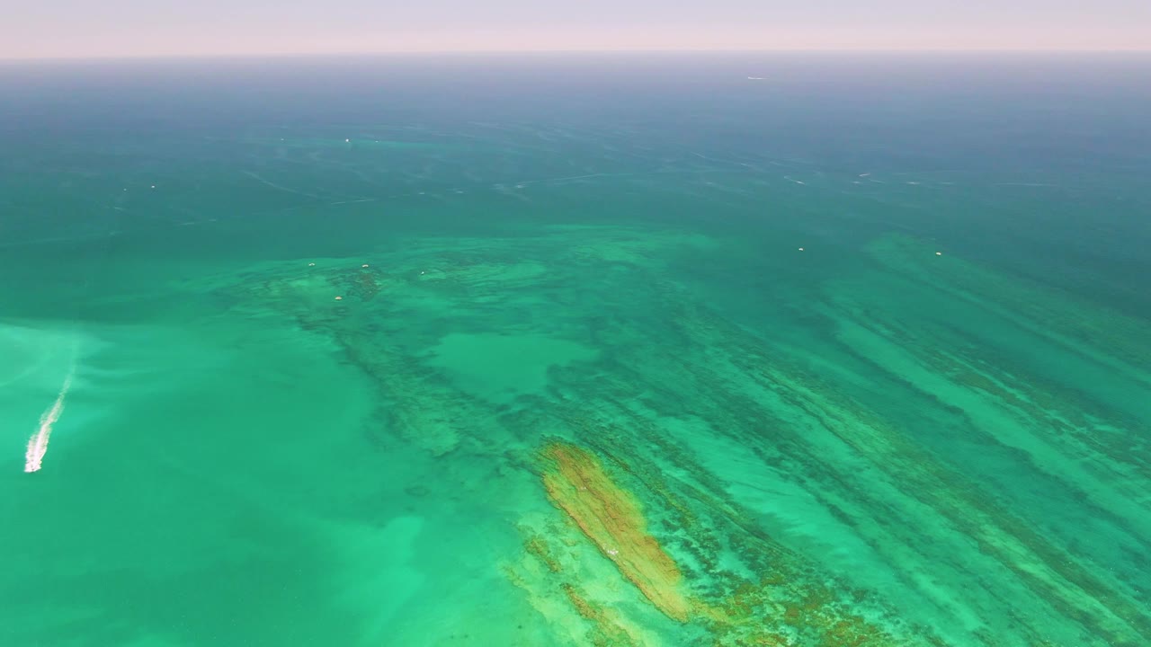 Aerial view of Cabo Pulmo reef shallows with a yellow-green coral patch low in frame, a small boat wake near the left side, and no visible people.