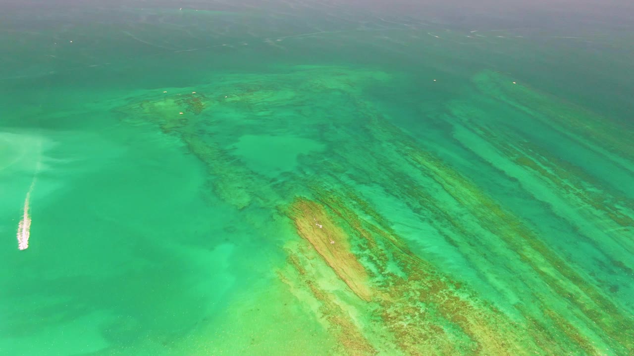 Small boat leaving a white wake over turquoise reef water.