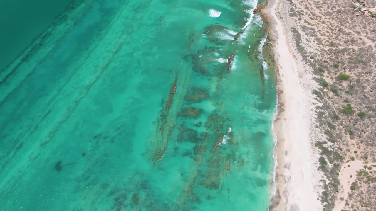 Overhead view in Cabo Pulmo with turquoise shallows across the left side, white foam touching the sand, scrub-covered dunes on the right, and no visible people.