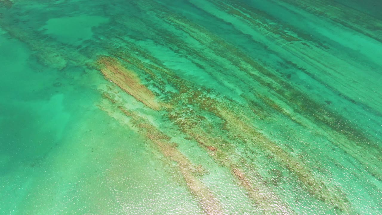 Top-down view of clear turquoise water over pale seabed and diagonal coral formations in Cabo Pulmo, Mexico, with no visible people.