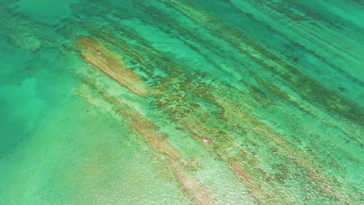 Overhead frame from Cabo Pulmo showing a submerged wooden wreck crossing shallow turquoise water with pale sand below and no visible people.