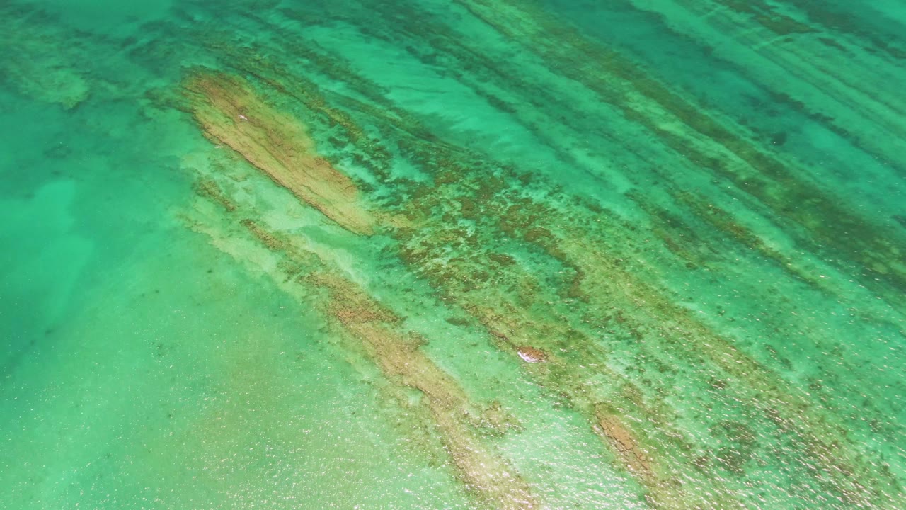 Submerged wooden structure over a pale ocean floor