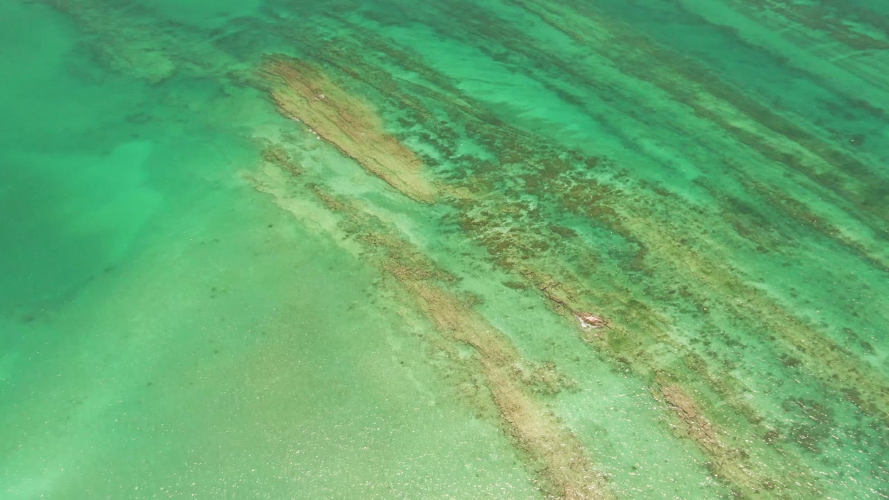 At 0:00, a small white sailboat appears near the upper right over clear turquoise water in Cabo Pulmo, with pale sand and darker underwater bands visible below and no visible people.