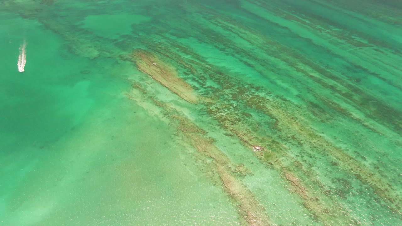 At 0:02, the sailboat is near the upper middle of the aerial view in Cabo Pulmo, with translucent green water revealing long pale and dark seabed streaks and no visible people.