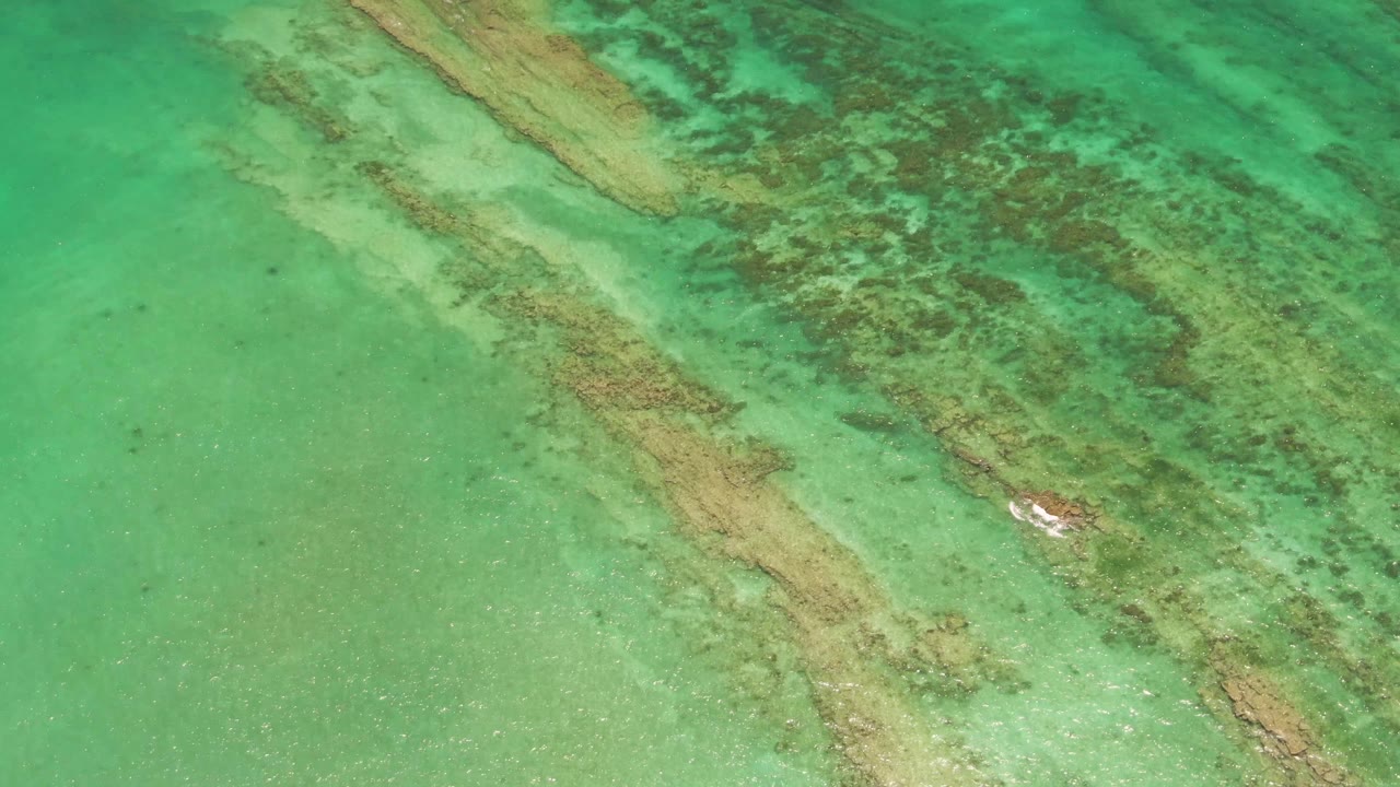 Overhead view of shallow turquoise water in Cabo Pulmo with diagonal tan and dark coral formations under the surface and no visible people.