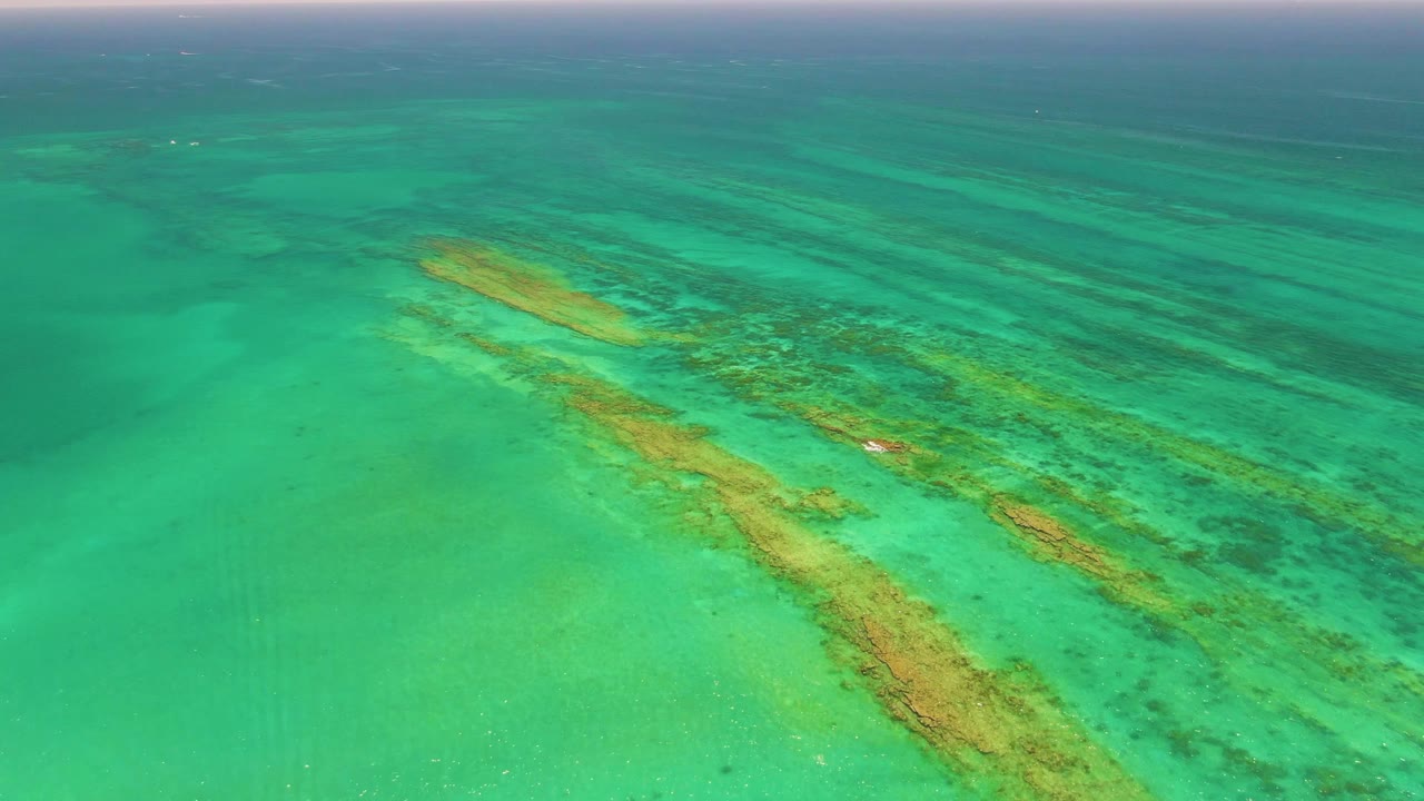 Aerial frame over Cabo Pulmo shallow ocean water where brown and green reef streaks run diagonally below the surface, with no visible people.