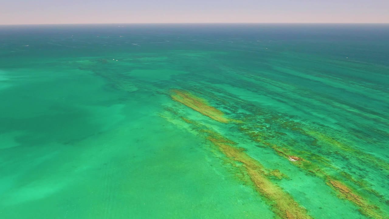Aerial view in Cabo Pulmo, Baja California Sur with elongated brown and yellow-green reef patches beneath clear turquoise water and no visible people.