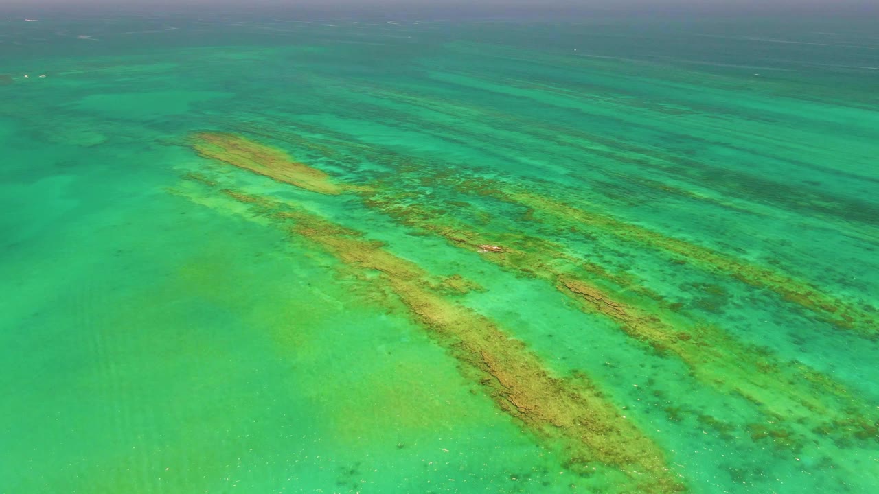 Aerial frame from Cabo Pulmo with long tan sandbars running diagonally through green-turquoise shallows and no visible people.