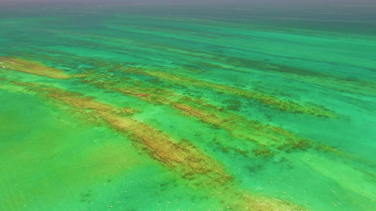 Cabo Pulmo frame with clear turquoise water, reef structures running from lower left toward upper right, and no visible people or vessels.