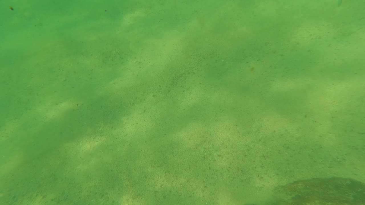 A quieter Los Barriles underwater frame shows mostly sandy seabed, green water, faint light bands, a partial dark rock at the lower edge, and no visible people.