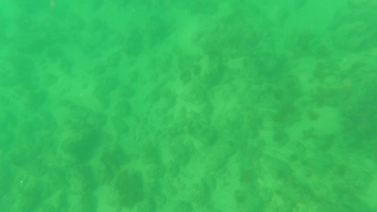 Second frame shows the same sandy ocean floor through green water in Los Barriles, Baja California Sur, with darker areas spread across the background and no visible people.