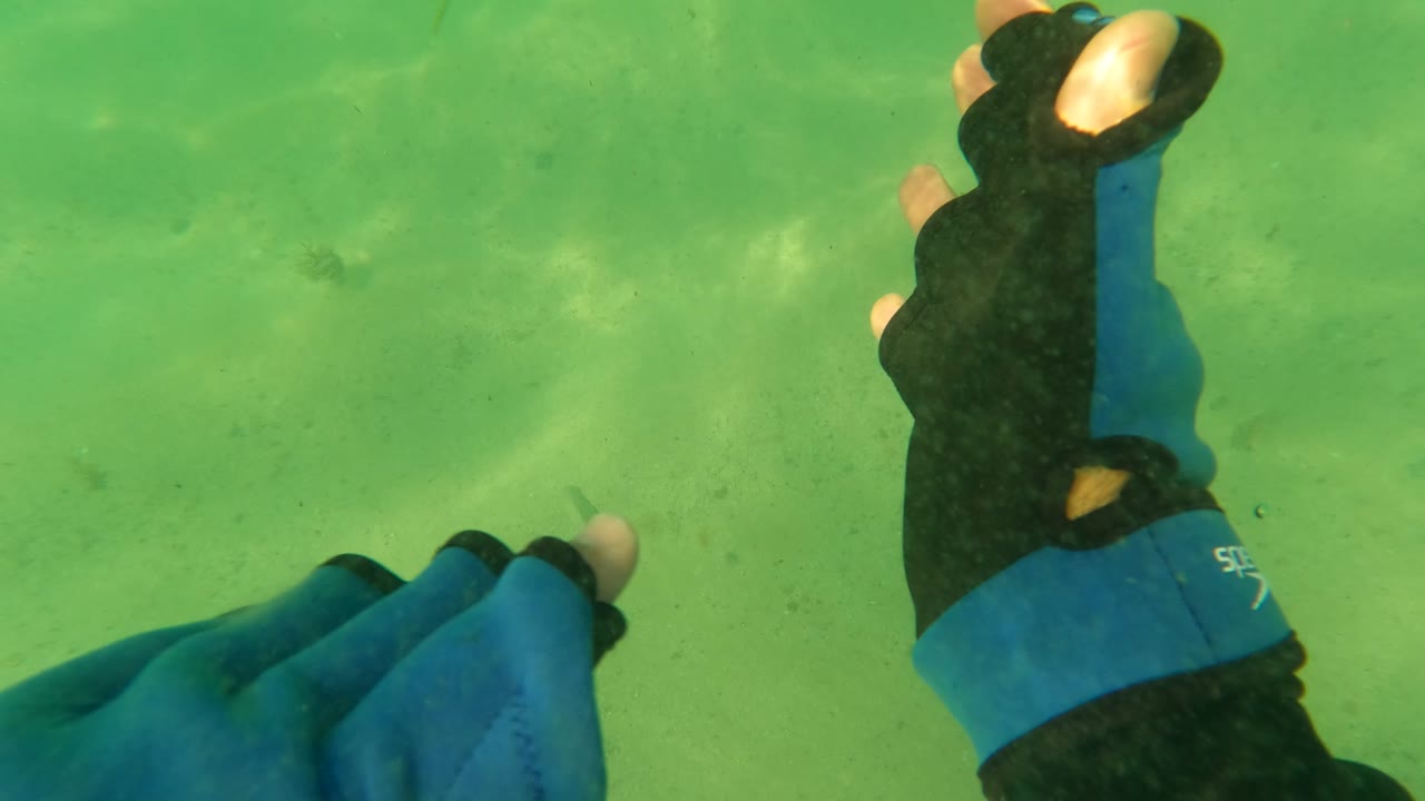 One blue and black diving glove is held upright in the foreground of the Los Barriles underwater view, with green water, pale sand, rocks, and no visible people behind it.