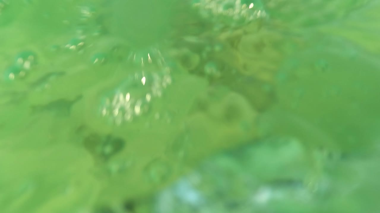 Green underwater view with bubbles, rocks, and sandy seabed