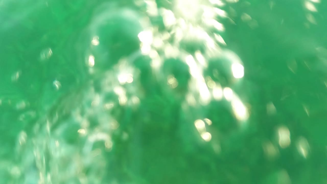 Mid-clip underwater frame in Los Barriles, Baja California Sur, showing green water, a faint small fish shape near the upper middle, algae-covered seabed below, and no visible people.
