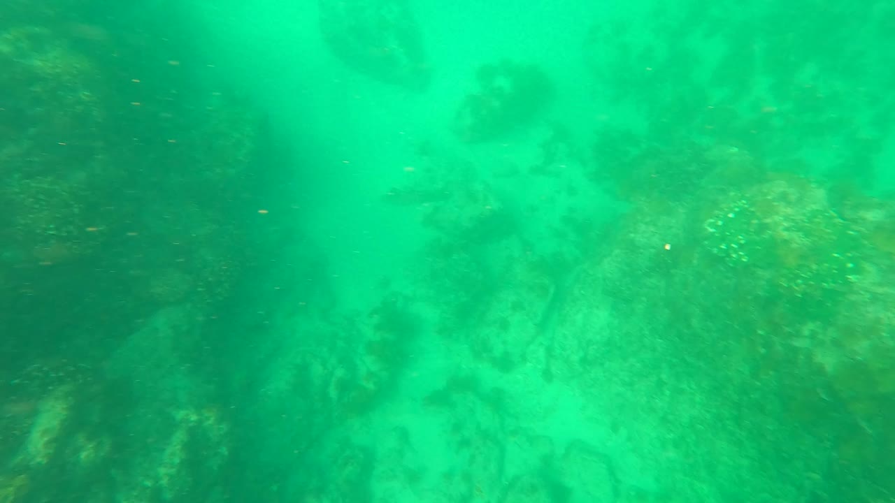 Green-tinted water softens the view of rocks and sandy seabed in Los Barriles, Baja California Sur, with no visible people or built objects.