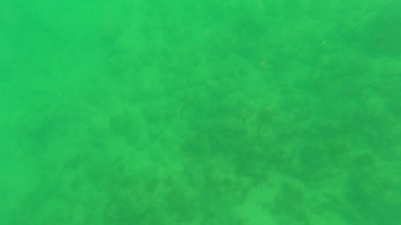 Opening frame of green-tinted water over a sandy seabed in Los Barriles, Baja California Sur, with dark patches below and no visible people.