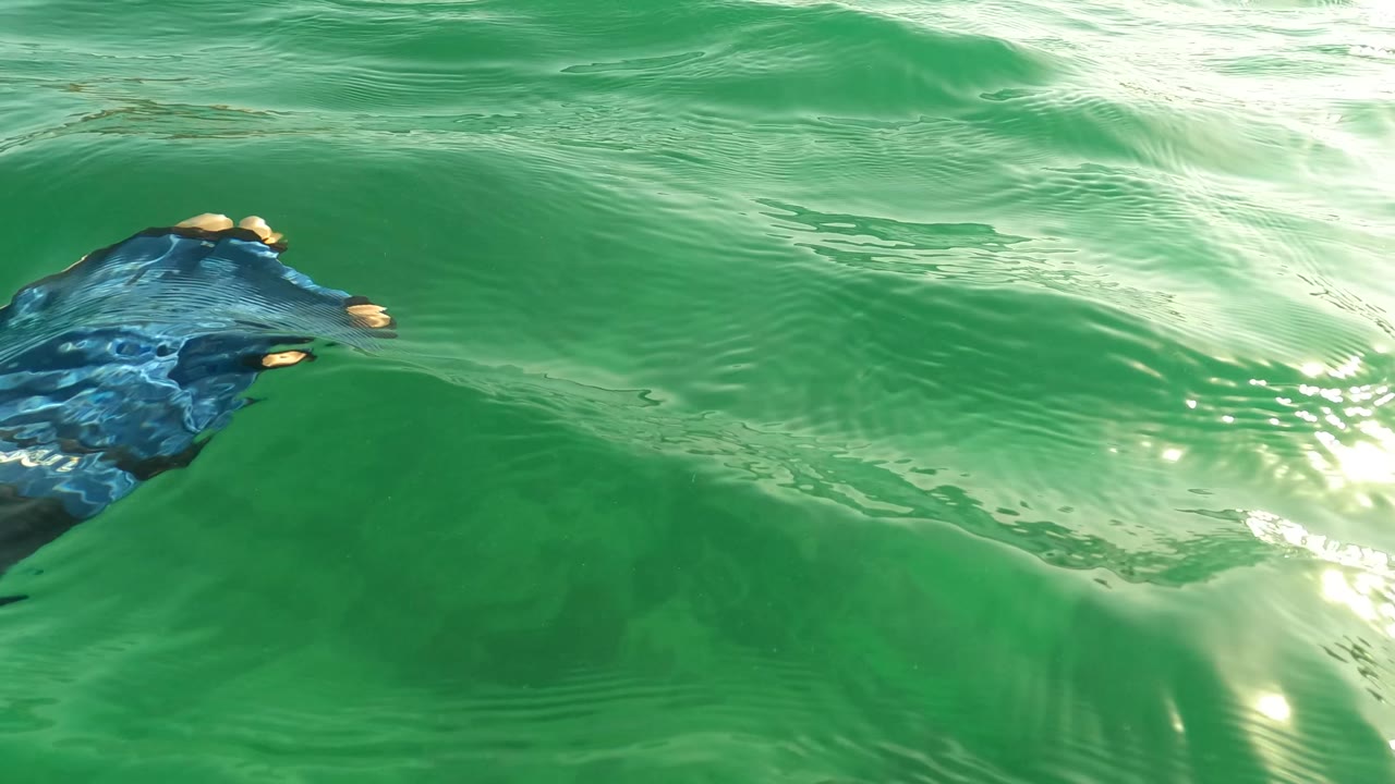 A blue-gloved diver hand enters the green ocean surface in Los Barriles, with wave texture and bright water reflections around it, no face visible.