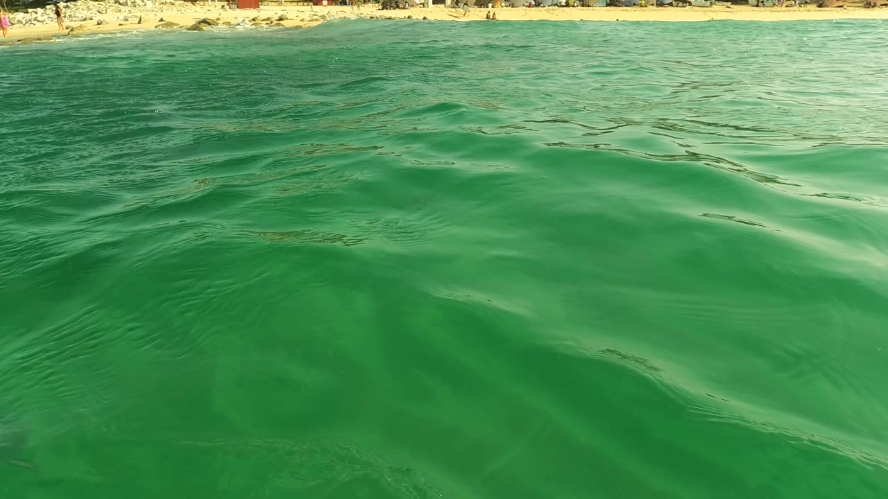 At Los Barriles in Baja California Sur, green ocean water fills the foreground while a sandy beach with palms, buildings, and distant people runs along the horizon.