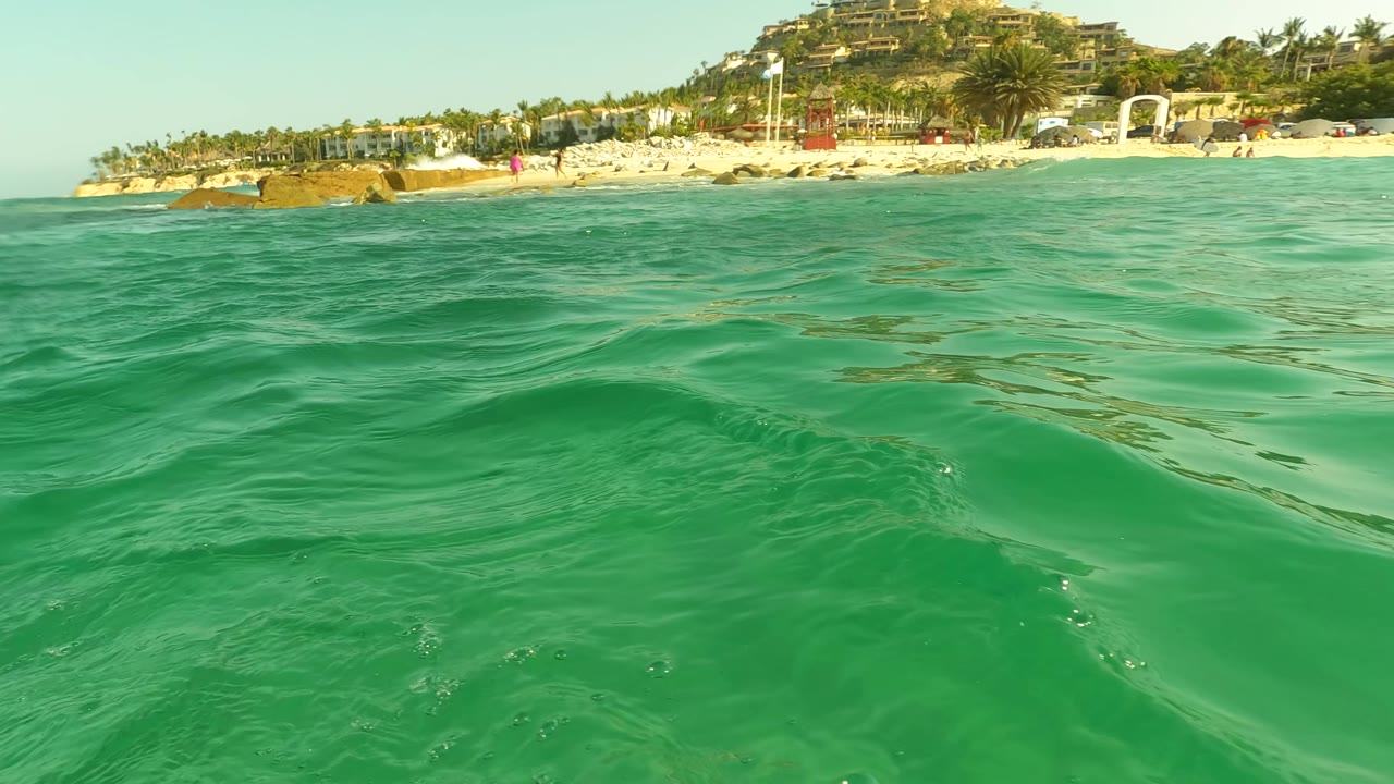 Low waterline view of green waves with beach, palms, buildings, and hillside in the background.