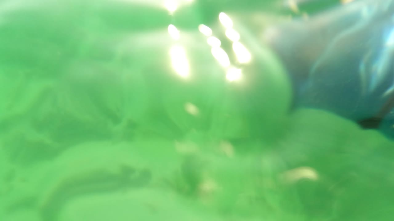 Soft, close underwater view in Los Barriles with a blurred foreground form, bright green water, glare, and no visible people.
