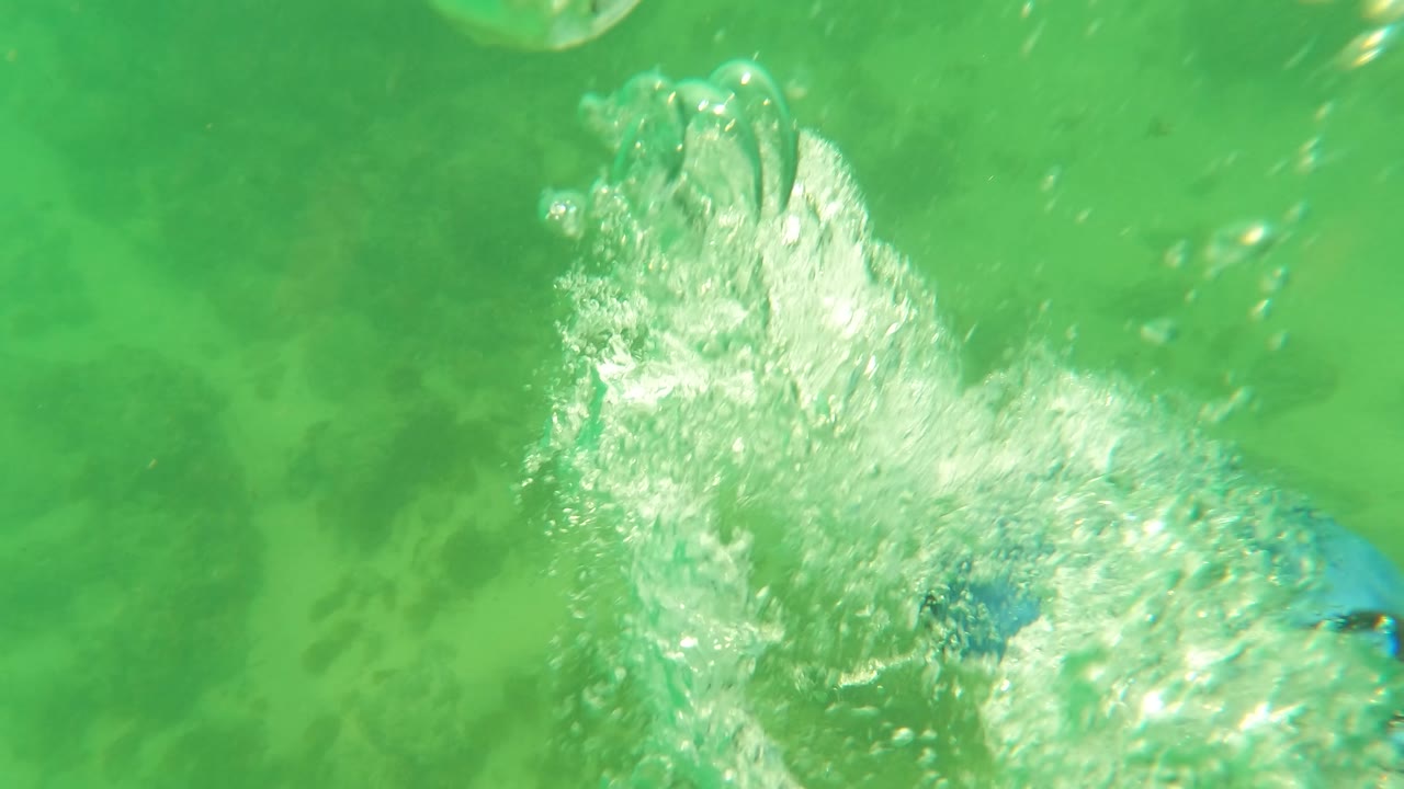 Underwater green water with bubbles and a splash near the left side.