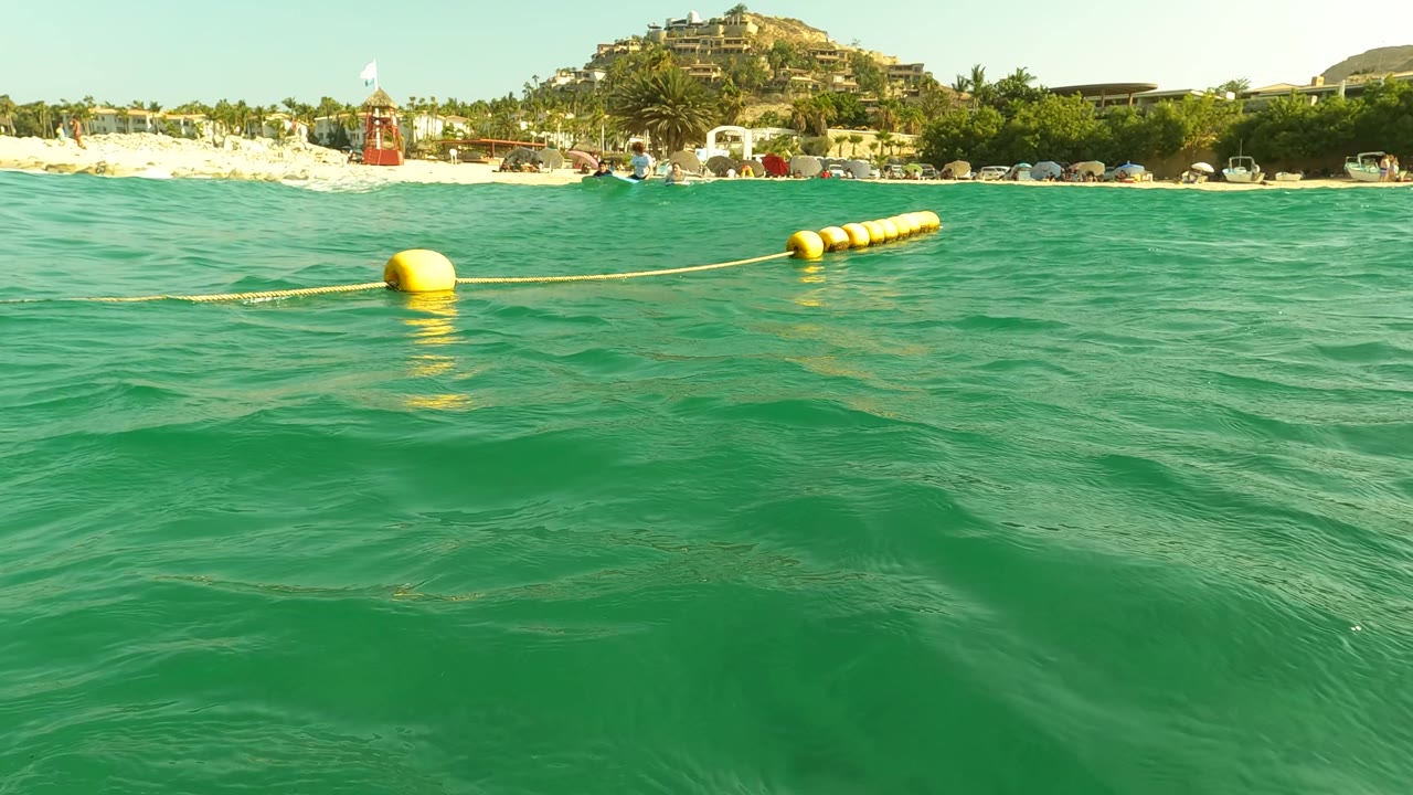 Yellow buoy line floating across turquoise water near beach.