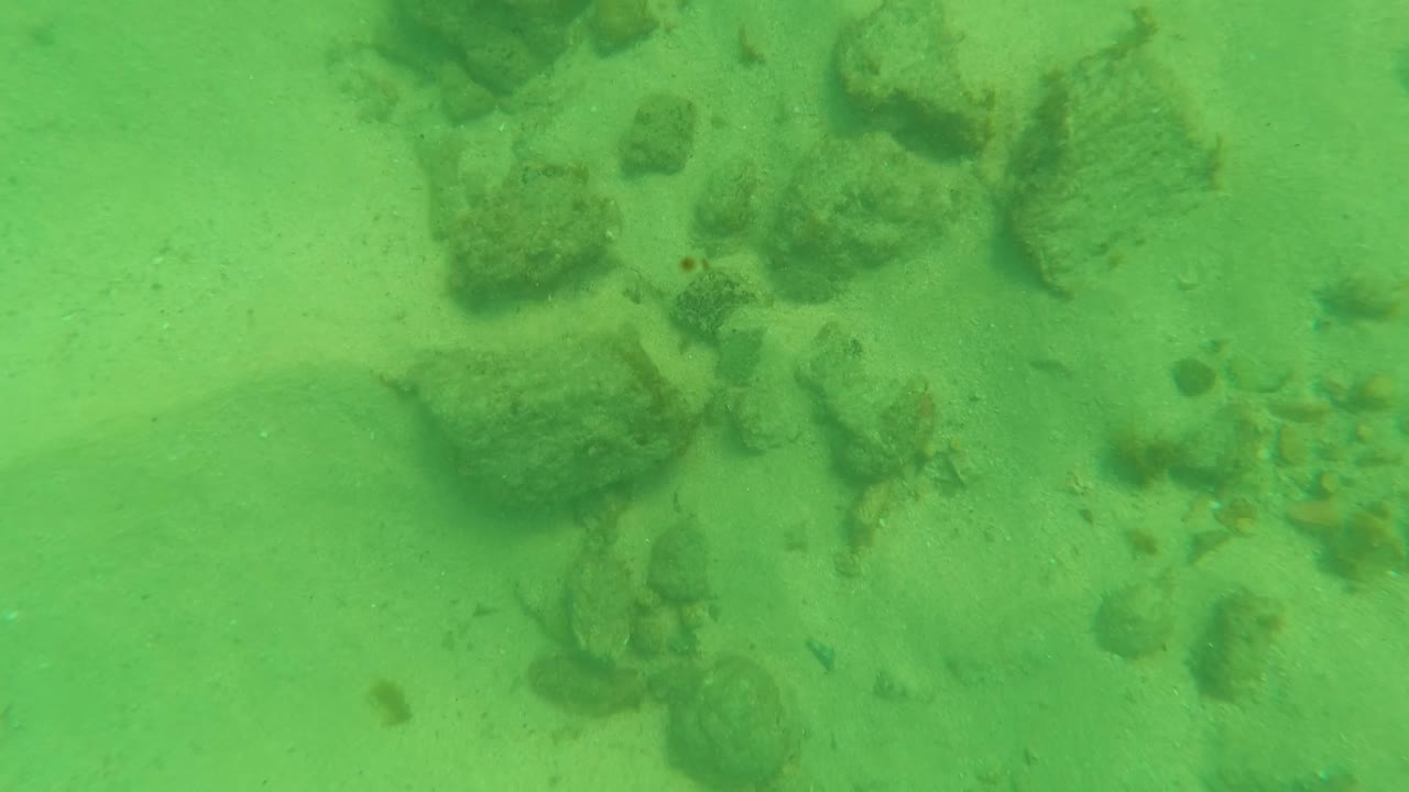 Closer underwater view of rocky patches across a sandy seabed.