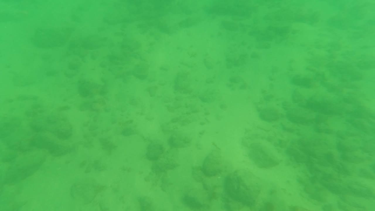Green water covers a pale sandy seabed in Los Barriles, Baja California Sur, Mexico, with faint rock shapes visible and no visible people.