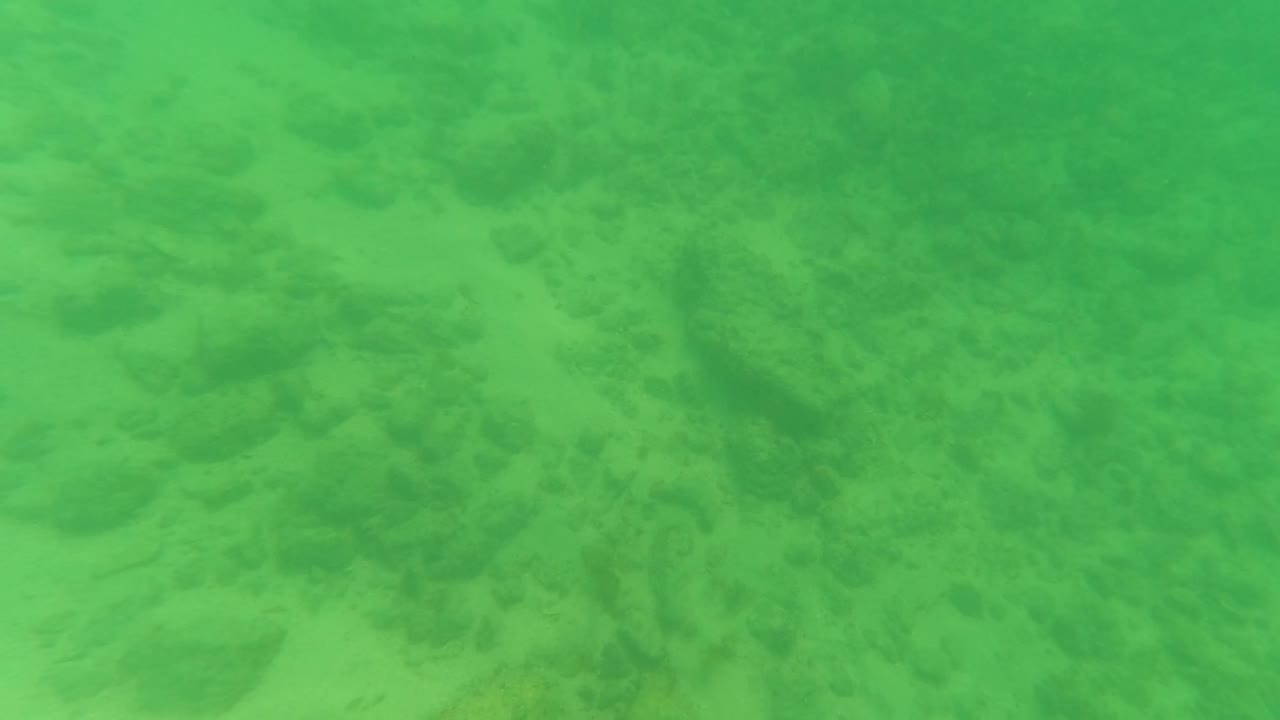 The underwater view in Los Barriles, Baja California Sur, Mexico, shows more defined scattered rocks across the sandy bottom with no visible people.
