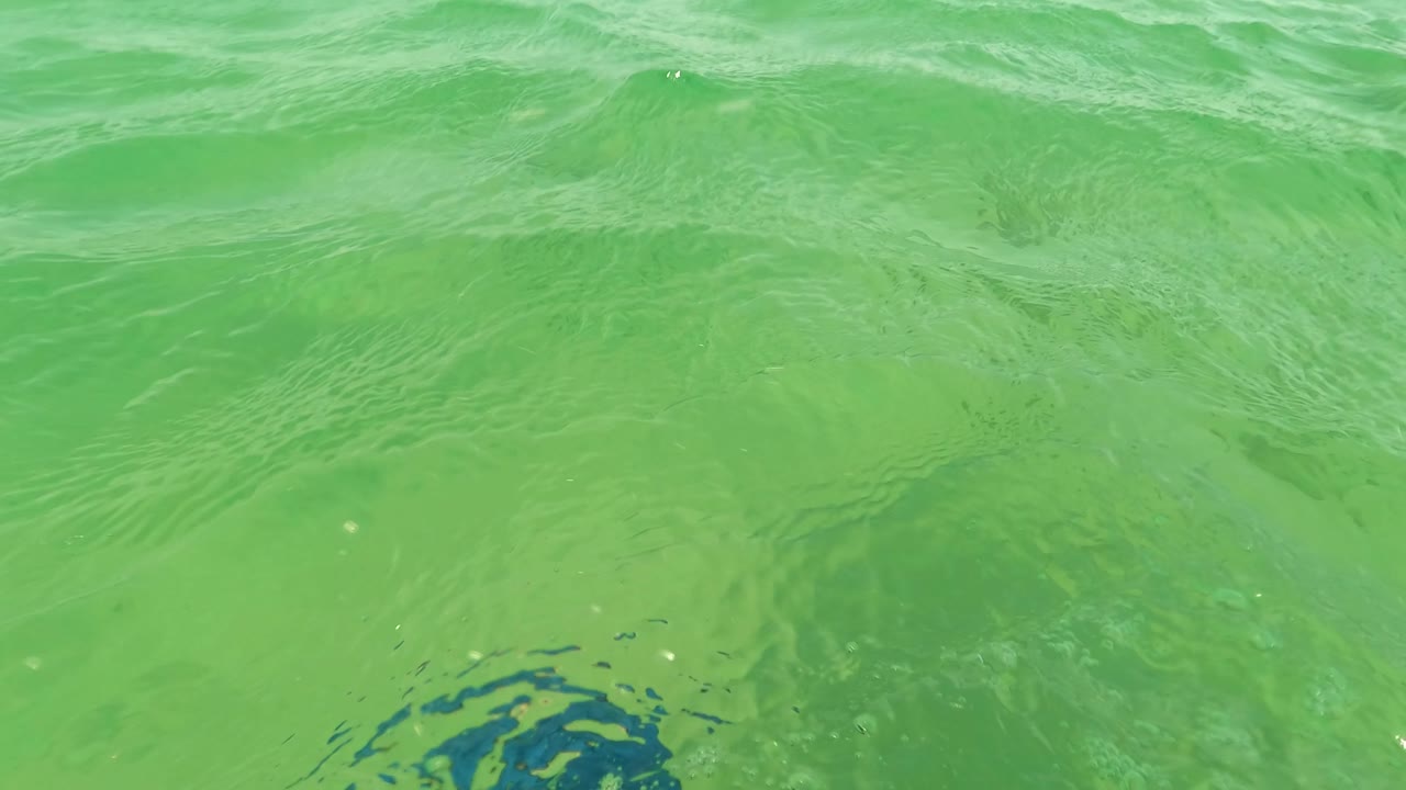 Surface ripples fill the upper view over green water and sandy bottom at Los Barriles, Baja California Sur, with no visible people.