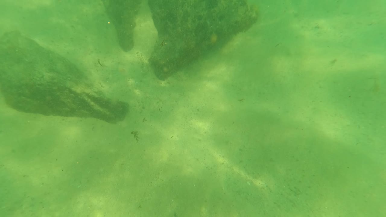 Los Barriles underwater frame with pale sand, isolated rocks, green water, faint suspended particles, and no visible people.