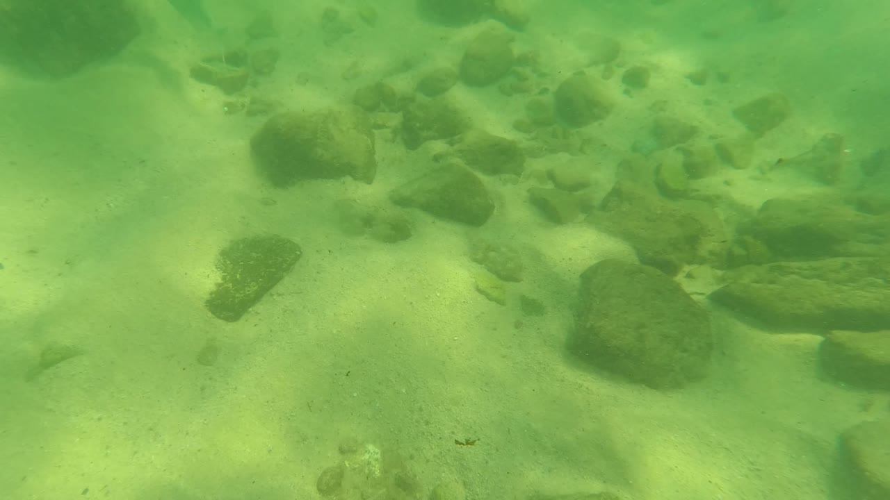 Third frame from the Los Barriles underwater clip, showing green water over sand with rocks clustered through the midground and no visible people.