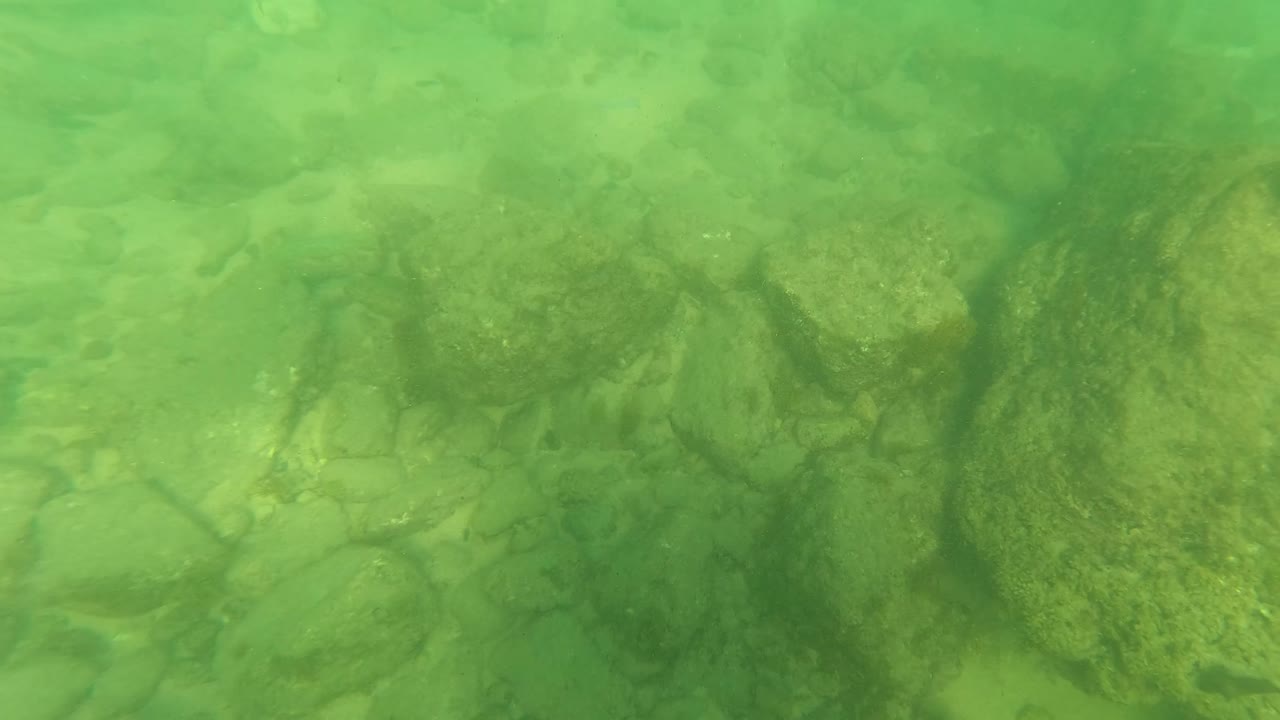 A shallow underwater frame from Los Barriles shows a band of stones with larger dark rocks in the midground and no visible people.