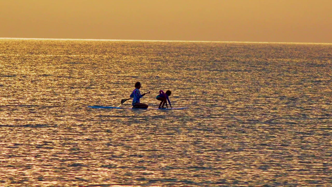 One person kneels on a paddleboard while another crouches near the front.