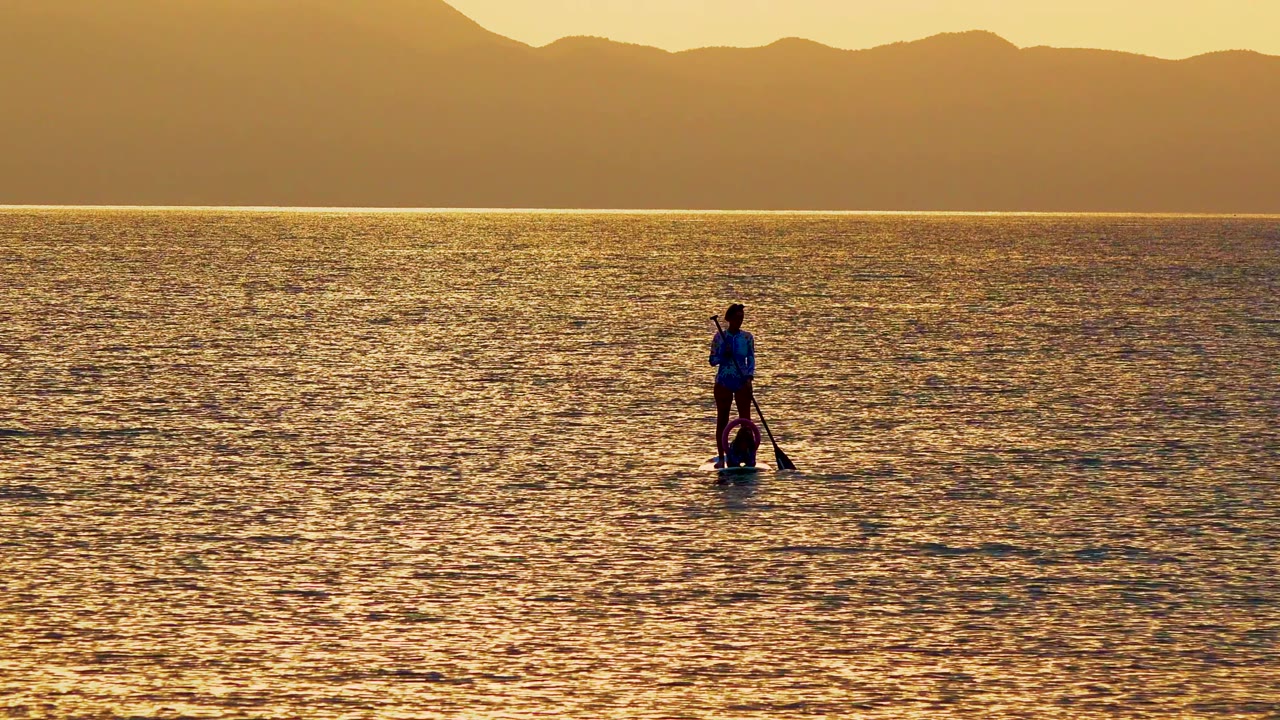 Solo paddleboarder on calm golden water with paddle near the board.