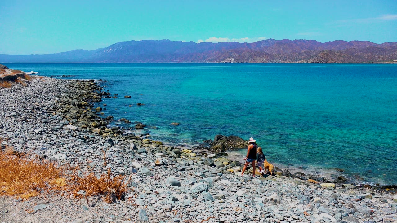 Person and dog walk across rocks near clear turquoise water.