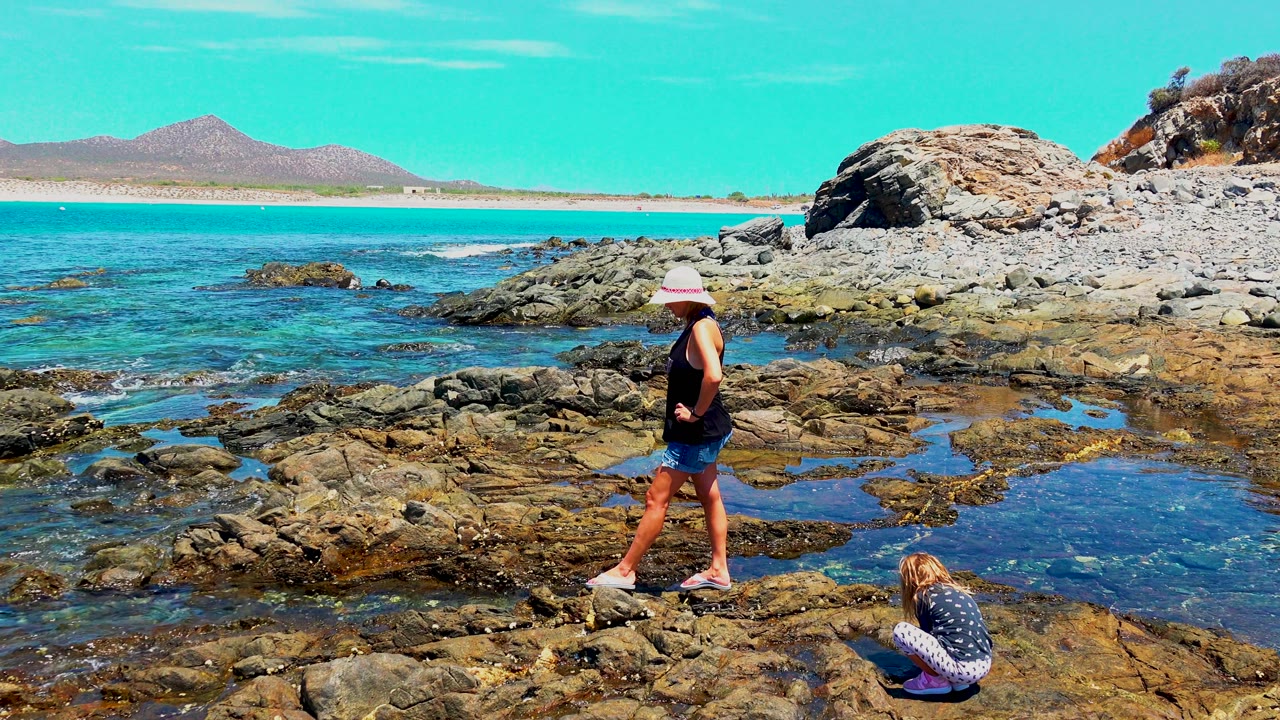 At 0:02 in El Sargento, Mexico, the adult moves farther right across the rock shelf while the child crouches at the edge of the frame near reflective tide pools and low ocean waves.