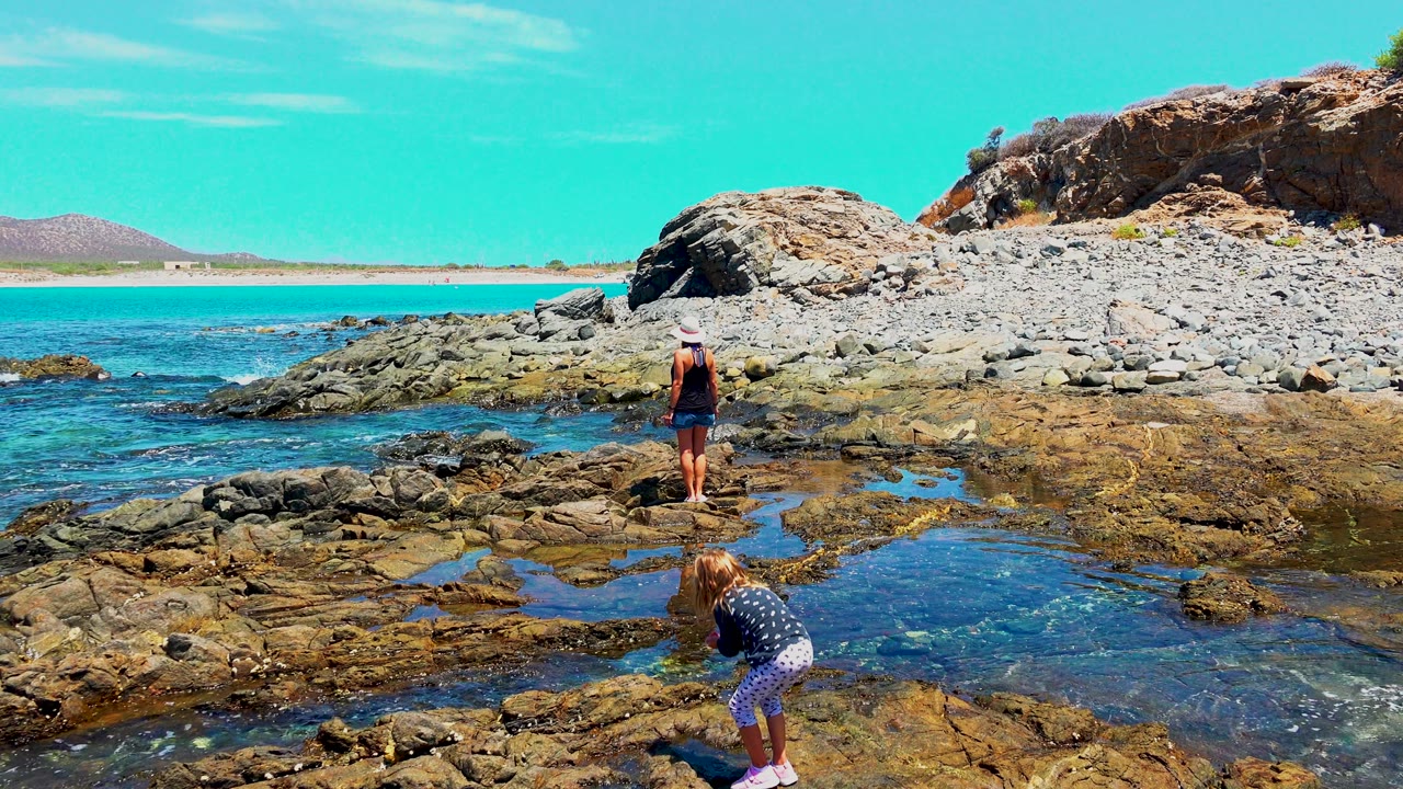 At El Sargento, Mexico, the child begins to stand at the right foreground beside a blue tide pool while the adult remains farther back on the exposed rocks.