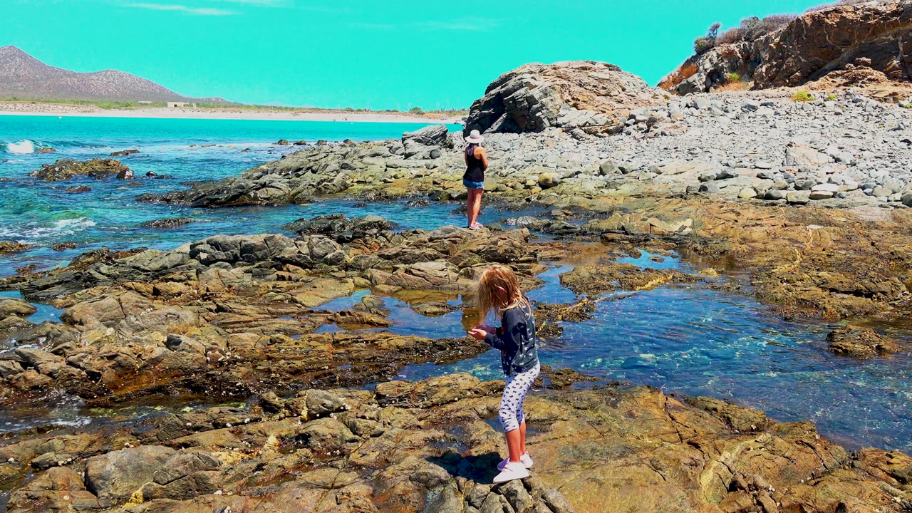 Child on wet shoreline rocks with adult near ocean rocks in the background.