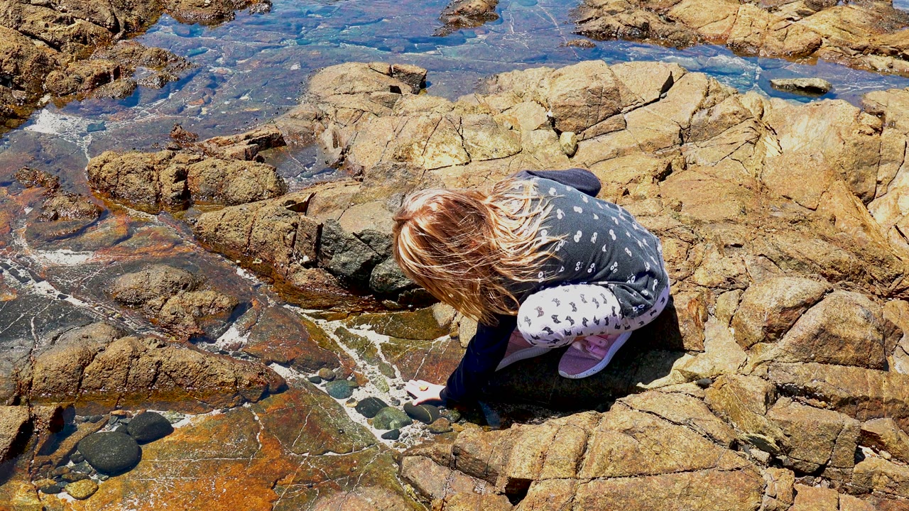 Girl bends over wet rocks with one hand near the water.