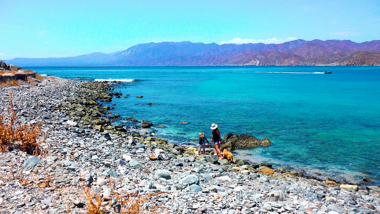 At El Sargento, Mexico, the walkers and dog appear slightly farther along the rocks, with shallow turquoise water in front of a broad mountain backdrop.