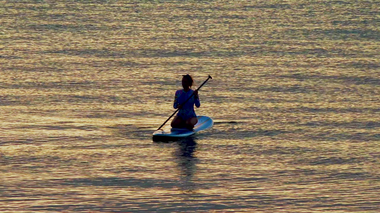 A person kneels on a stand-up paddleboard in El Sargento, Mexico, holding a paddle upright as gold reflections cover the surrounding water.