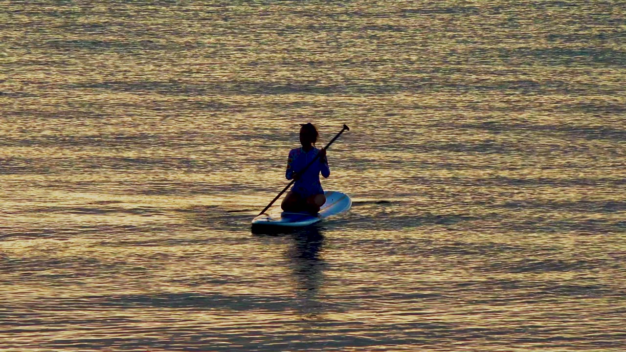 A silhouetted person kneels on a paddleboard in El Sargento, Mexico, holding a paddle upright over golden rippled water.