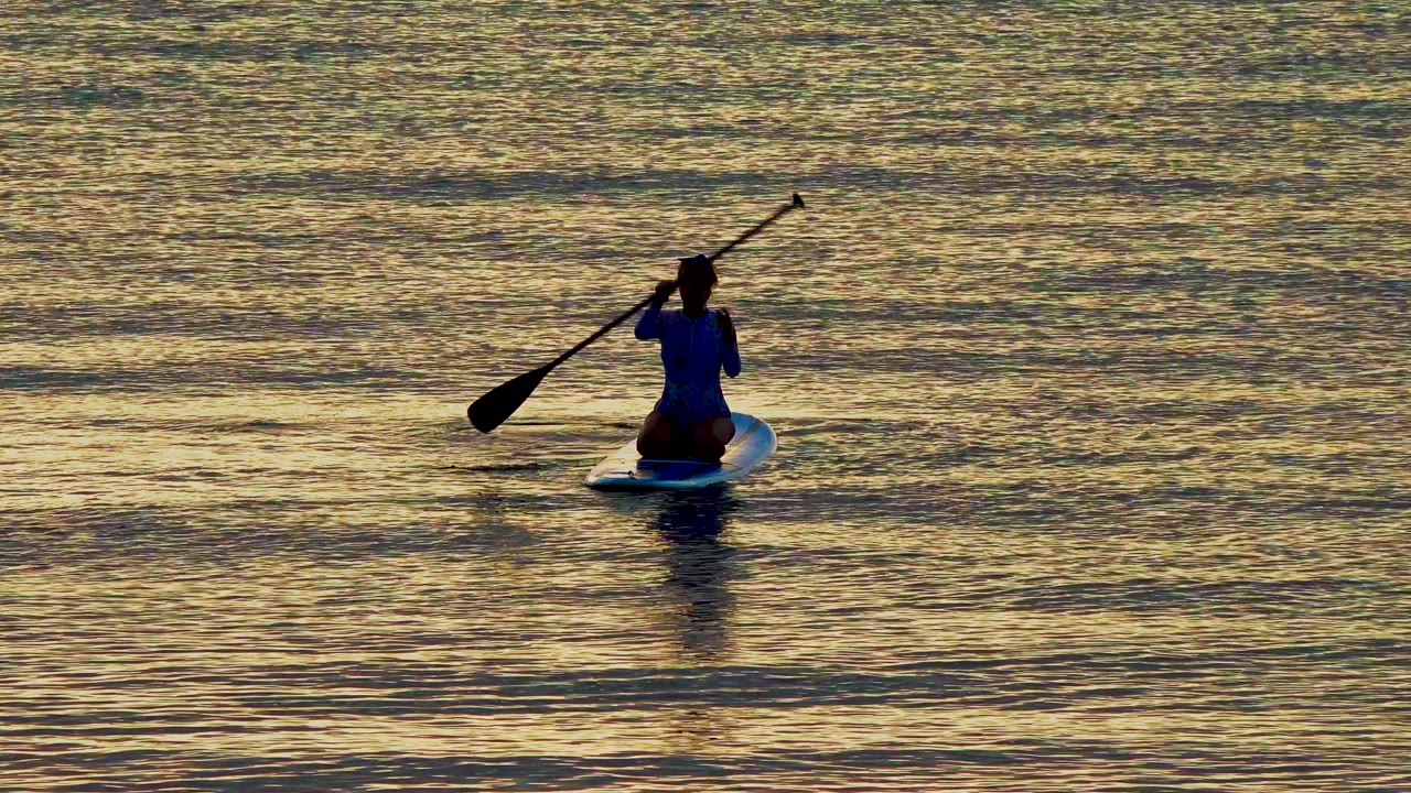 Kneeling paddleboarder with paddle raised over reflective water.