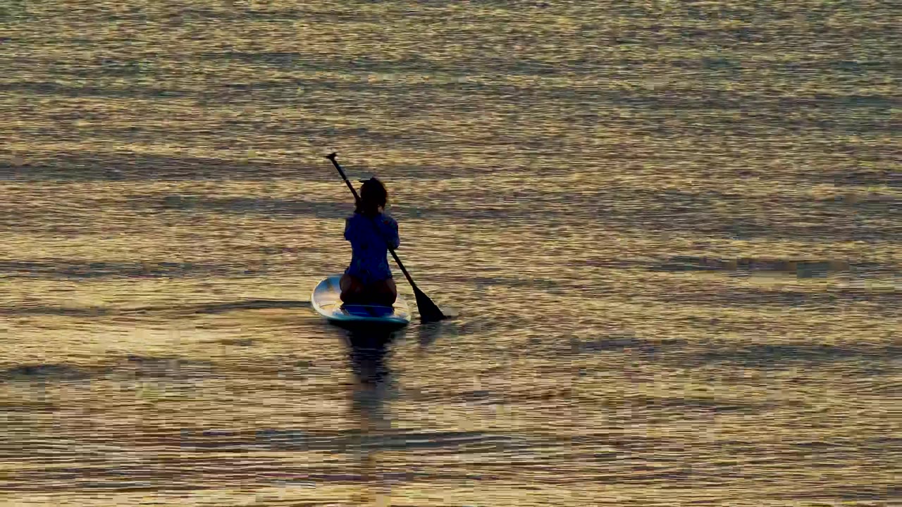 A silhouetted person kneels or sits on a stand-up paddleboard in El Sargento, Mexico, with a paddle raised on golden rippled water.