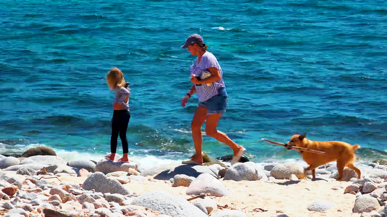 At 0:00 in La Ventana, Mexico, a child stands near the waterline while an adult walks a tan dog across pale rocks and sand beside blue ocean waves.