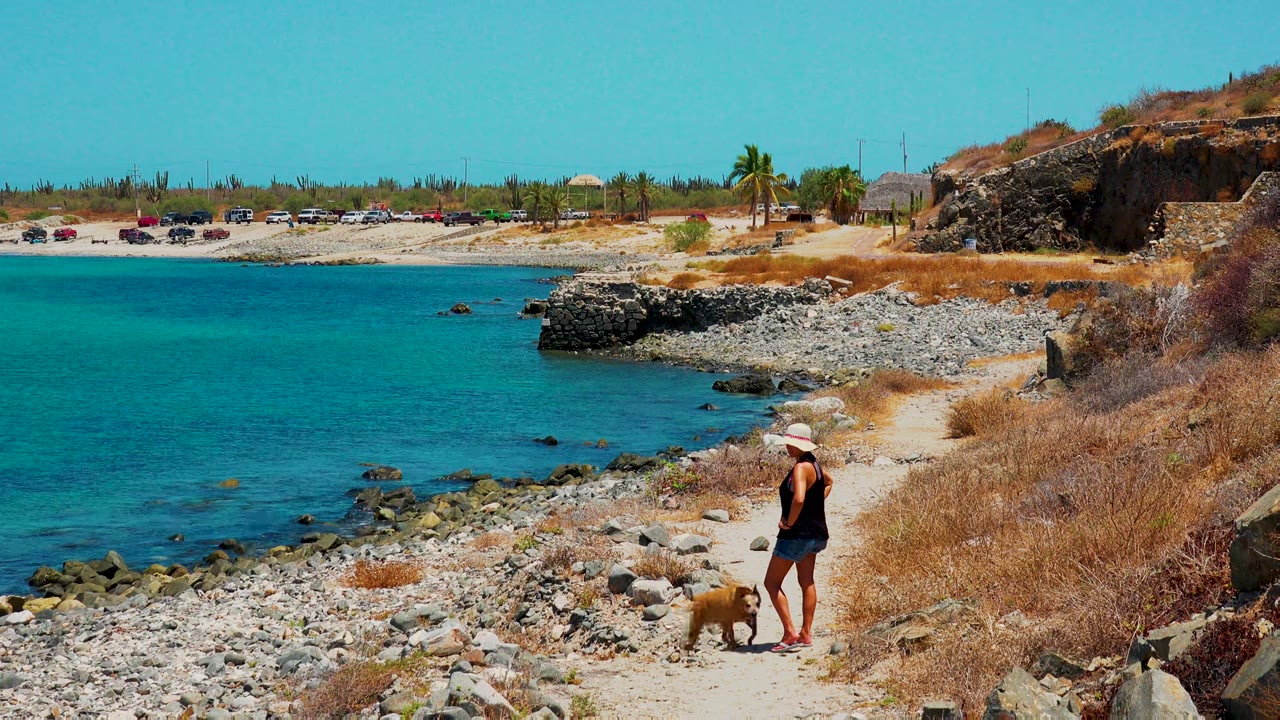 At 0:00 in La Ventana, Mexico, a person in a sun hat walks a tan dog along a sandy path beside turquoise water, with rocks, dry grass, parked cars, and a palm in view.